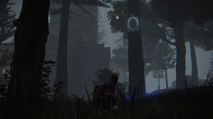 Elden Ring player crouched by a tree which a ghost turtle is climbing