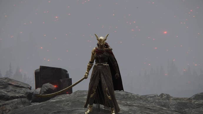 Screenshot of the Tarnished in Elden Ring wielding the Hand of Malenia