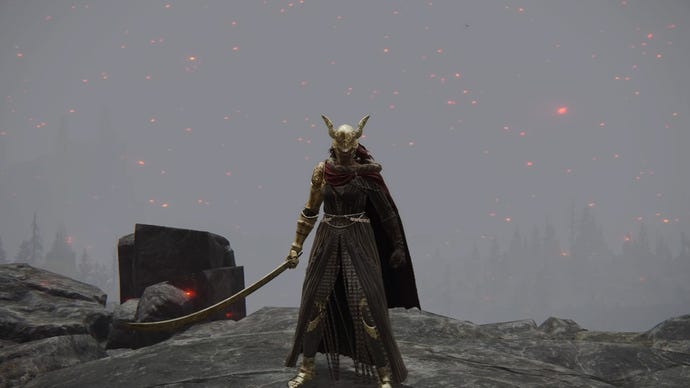 Screenshot of the Tarnished in Elden Ring wielding the Hand of Malenia