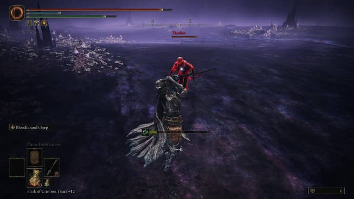 The player in Elden Ring: Shadow Of The Erdtree is invaded by Thiollier in the Garden of Deep Purple.