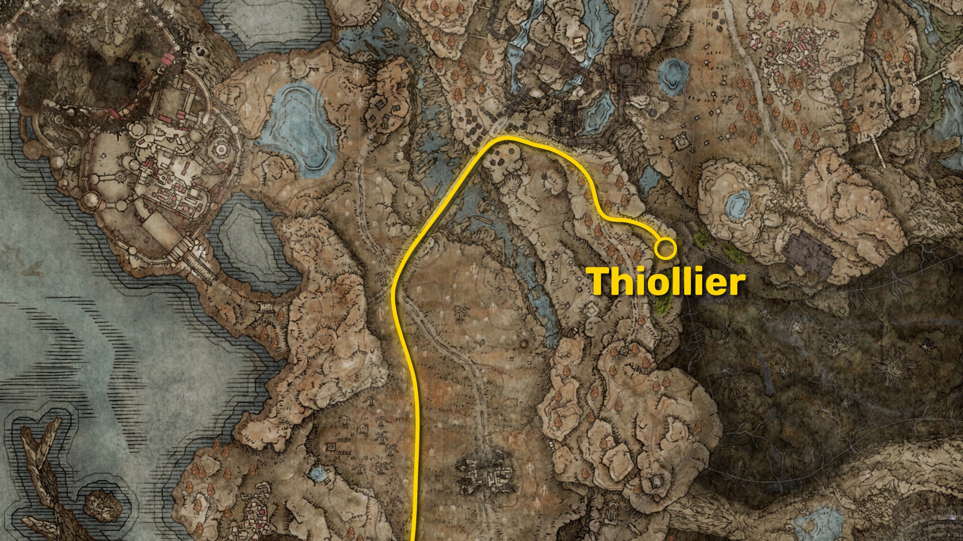 Part of the map of the Gravesite Plain in Elden Ring: Shadow Of The Erdtree, with the path to Thiollier's location marked in yellow. - 3