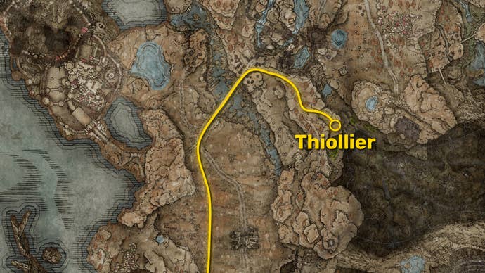 Part of the map of the Gravesite Plain in Elden Ring: Shadow Of The Erdtree, with the path to Thiollier’s location marked in yellow.