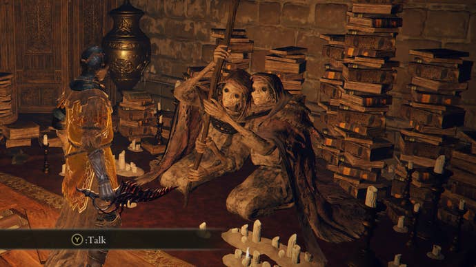 The Twin Maiden Husks, an NPC character in Elden Ring, found in the Roundtable Hold.