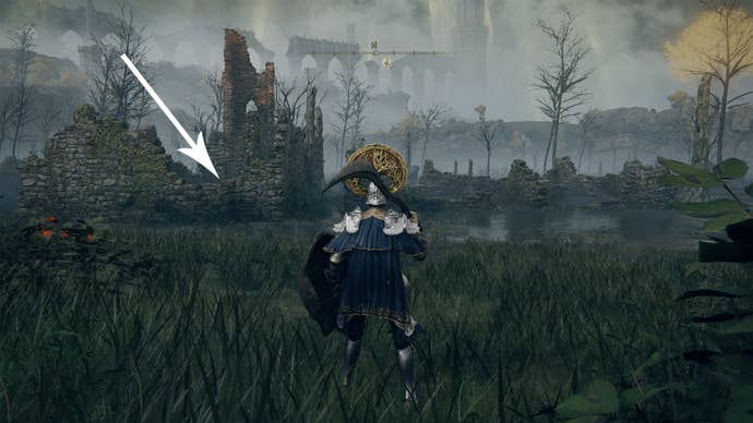 View of the Dragon-Burnt Ruins in Elden Ring.