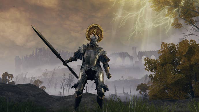 Elden Ring player holding the Twinblade weapon.