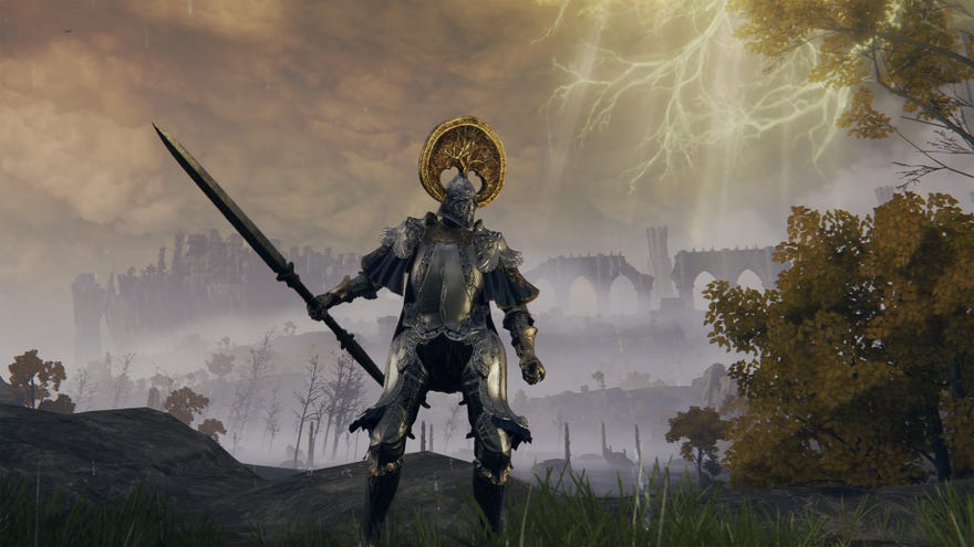 Elden Ring player holding the Twinblade weapon.