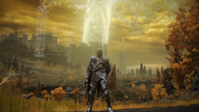 Elden Ring player wearing the Twinned armor set on the Erdtree-Gazing Hill