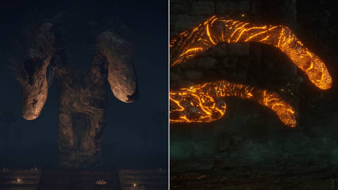 Two side-by-side Elden Ring screenshots showing the Two Fingers on the left, and the Three Fingers on the right.