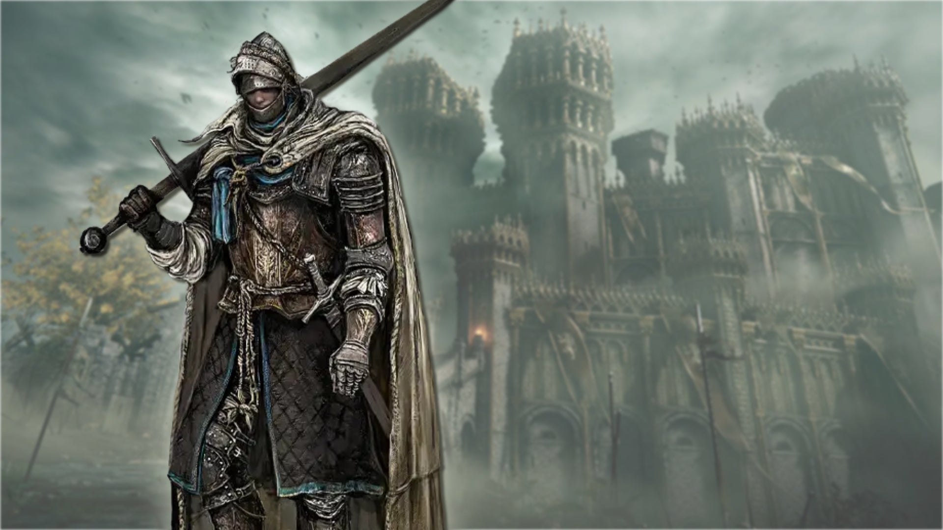 A portrait of the Vagabond class in Elden Ring, against a gothic castle backdrop. - 7