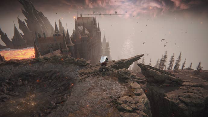 Elden Ring player riding the horse Torrent with the Volcano Manor in the background.