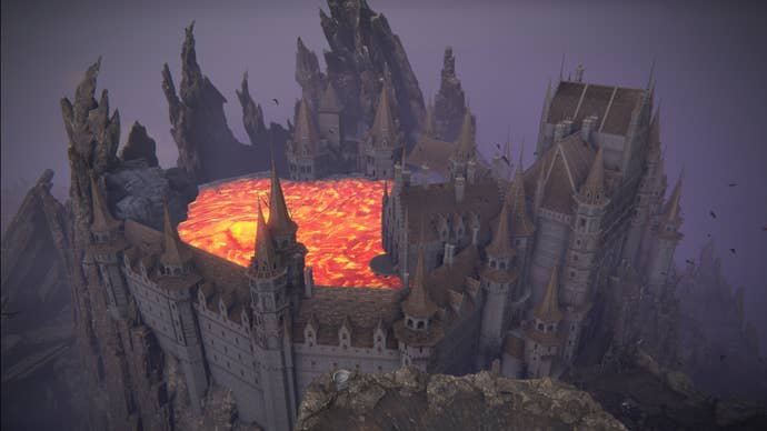 A bird’s eye view of Volcano Manor in Elden Ring, with a lake of magma visible inside the castle ramparts.