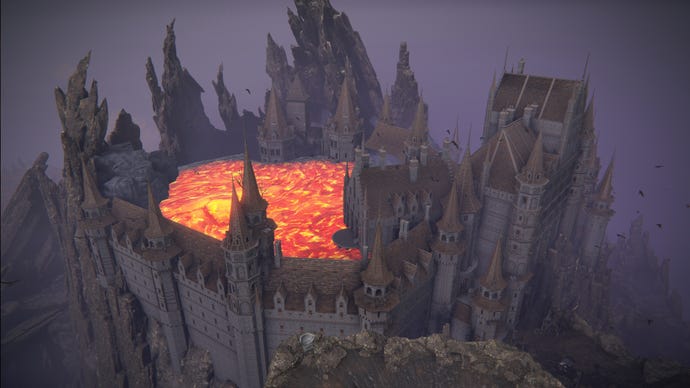 A bird's eye view of Volcano Manor in Elden Ring, with a lake of magma visible inside the castle ramparts.