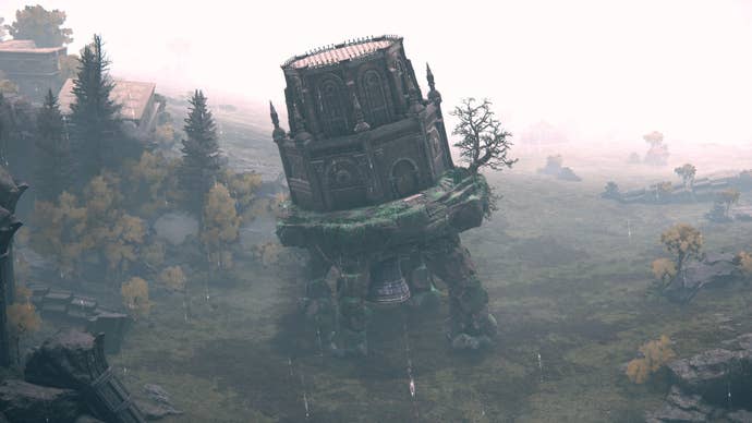 A Wandering Mausoleum in the rain in Elden Ring stomps across a landscape of trees and grass.
