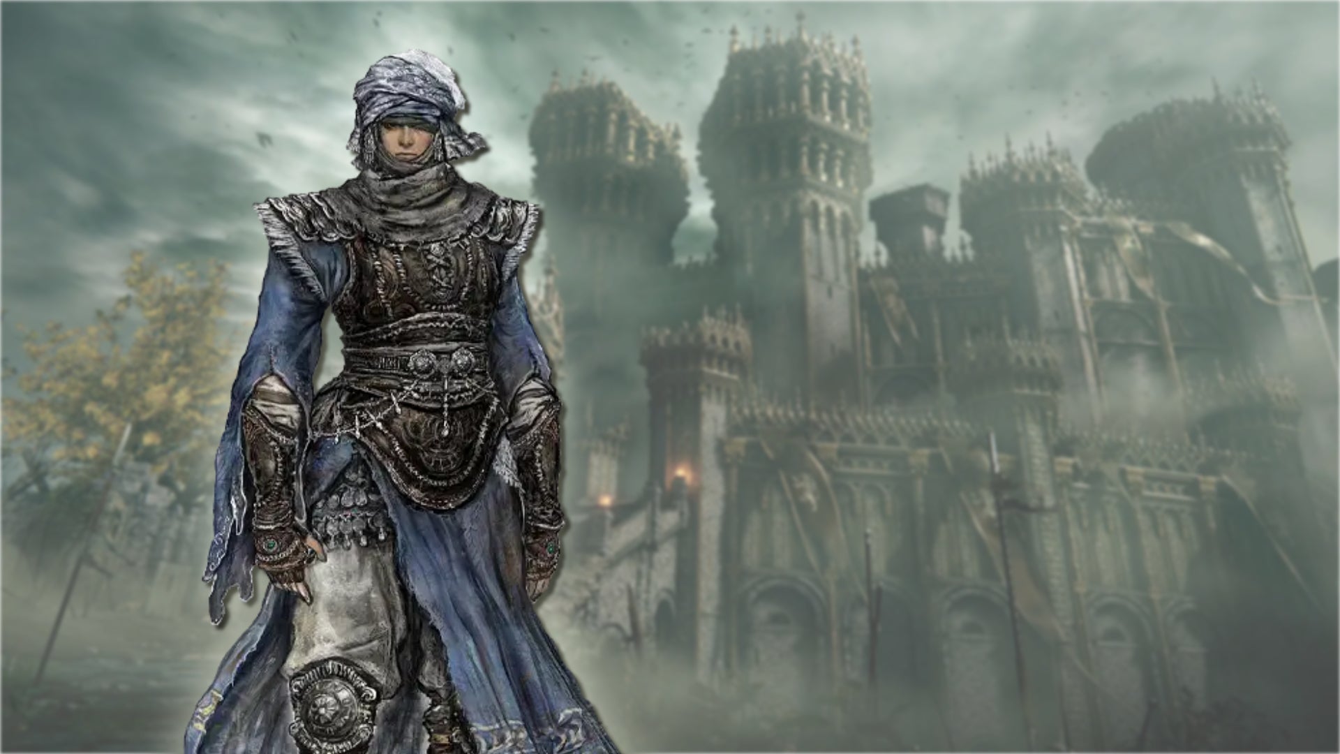 A portrait of the Warrior class in Elden Ring, against a gothic castle backdrop. - 5