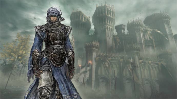A portrait of the Warrior class in Elden Ring, against a gothic castle backdrop.