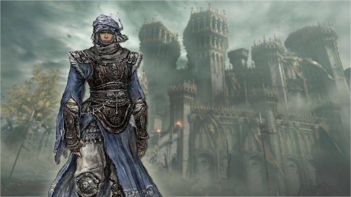 A portrait of the Warrior class in Elden Ring, against a gothic castle backdrop.