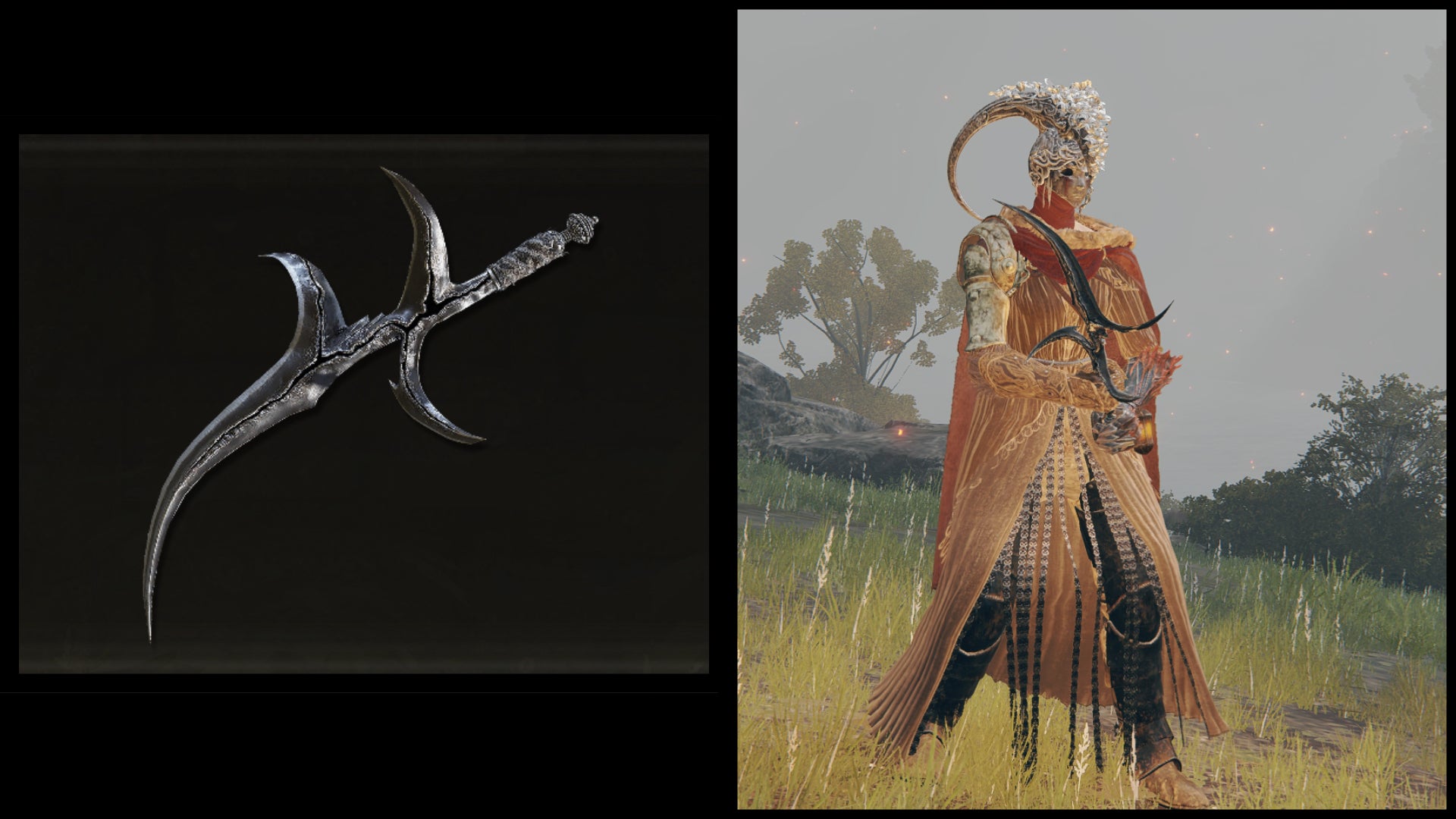 Left: an illustration of the Black Knife from Elden Ring. Right: the player character holding the same weapon against a Limgrave background. - 18