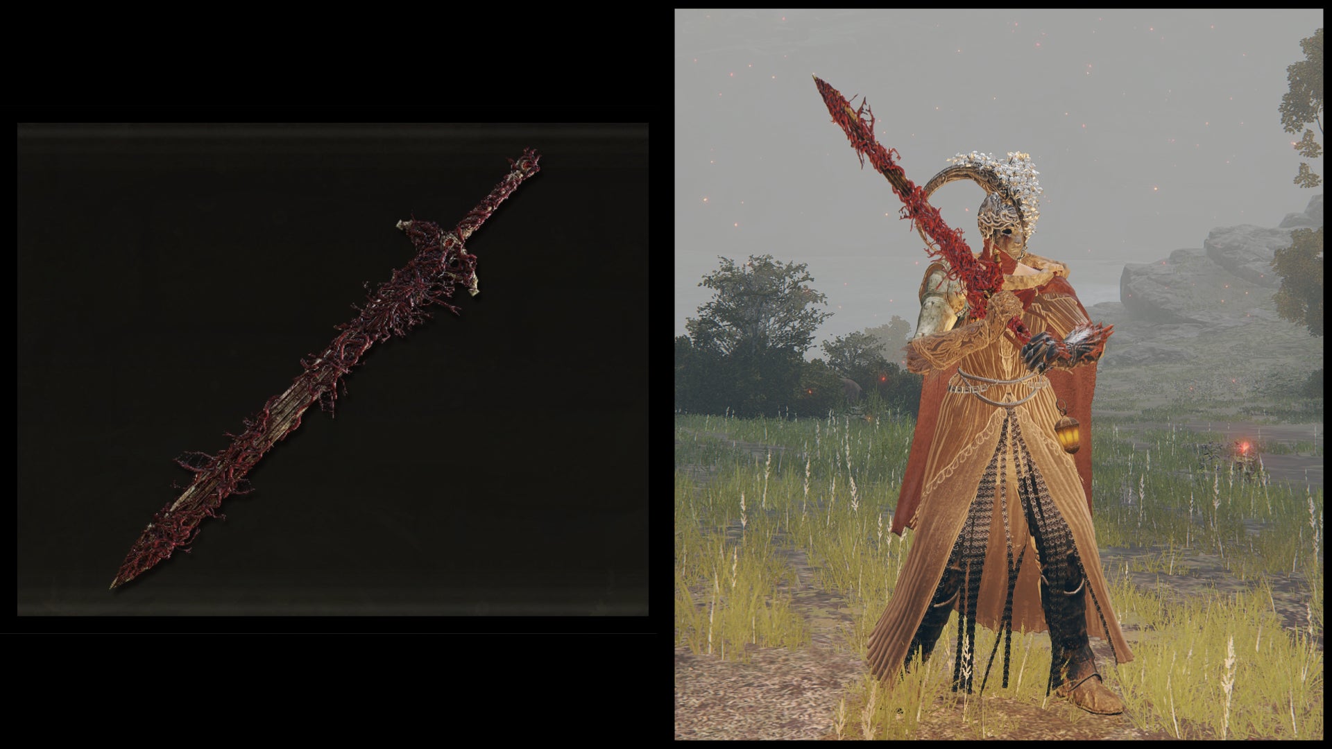 Left: an illustration of the Blasphemous Blade from Elden Ring. Right: the player character holding the same weapon against a Limgrave background. - 15