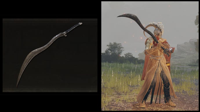 Left: an illustration of Bloodhound's Fang from Elden Ring. Right: the player character holding the same weapon against a Limgrave background.