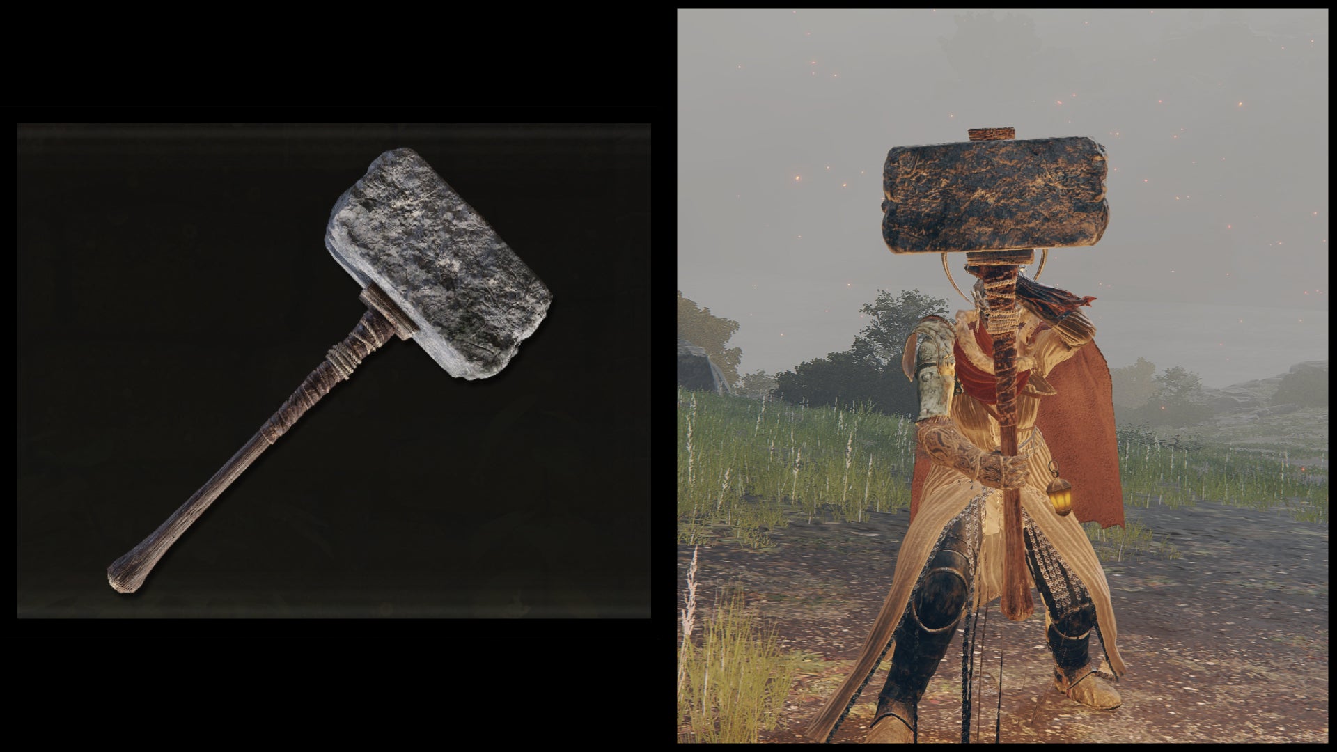 Left: an illustration of the Brick Hammer from Elden Ring. Right: the player character holding the same weapon against a Limgrave background. - 8