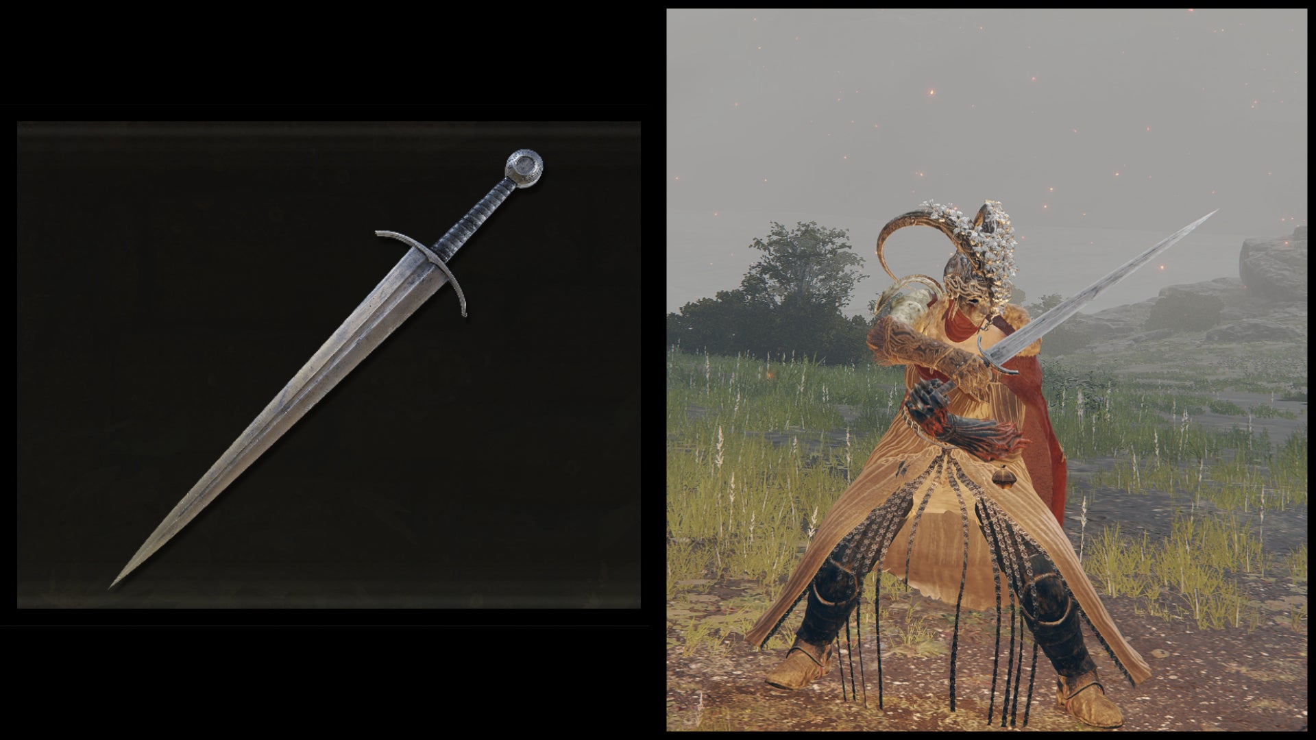 Left: an illustration of the Broadsword from Elden Ring. Right: the player character holding the same weapon against a Limgrave background. - 10