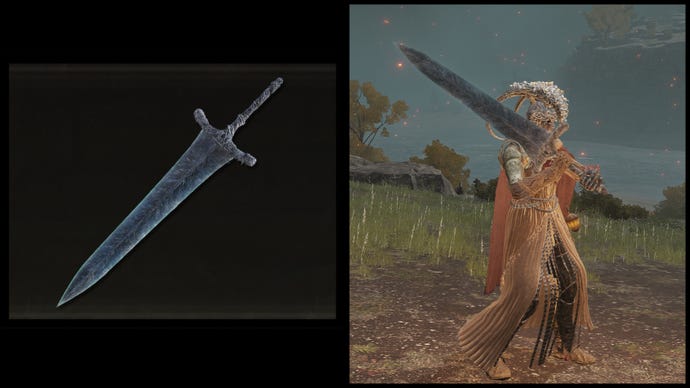 Left: an illustration of the Dark Moon Greatsword from Elden Ring. Right: the player character holding the same weapon against a Limgrave background.