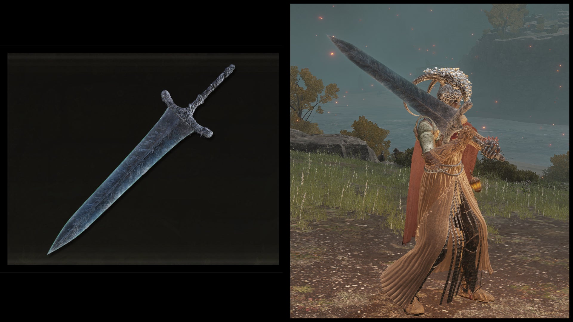 Left: an illustration of the Dark Moon Greatsword from Elden Ring. Right: the player character holding the same weapon against a Limgrave background. - 22