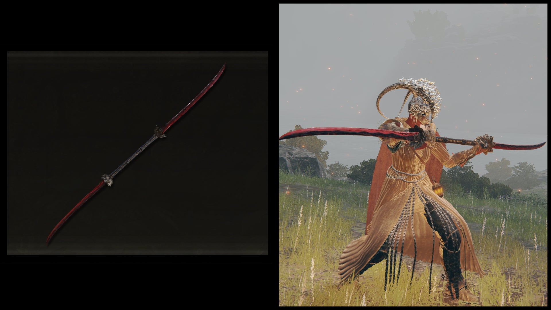 Left: an illustration of Eleonora's Poleblade from Elden Ring. Right: the player character holding the same weapon against a Limgrave background. - 21