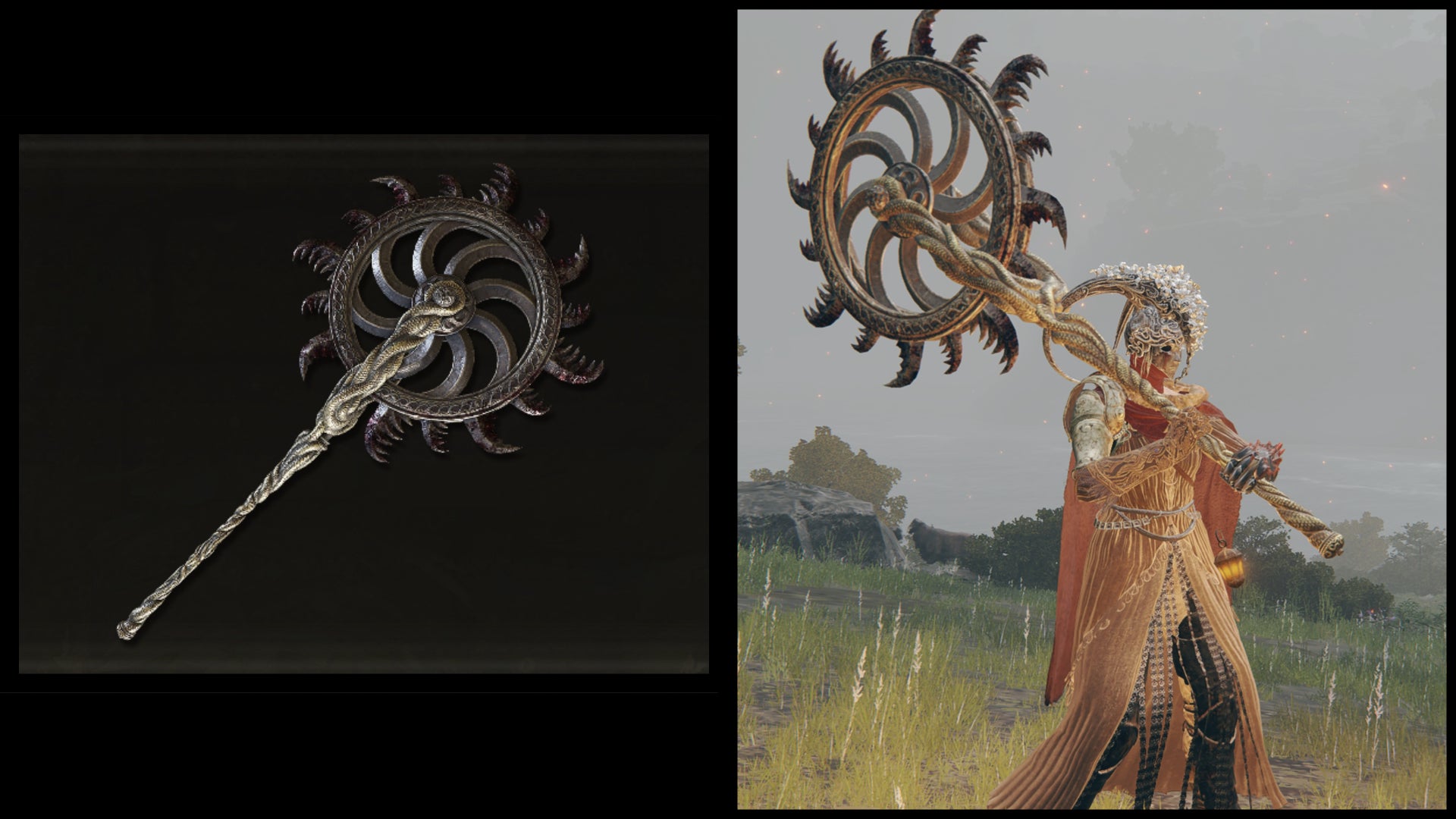 Left: an illustration of Ghiza's Wheel from Elden Ring. Right: the player character holding the same weapon against a Limgrave background. - 20
