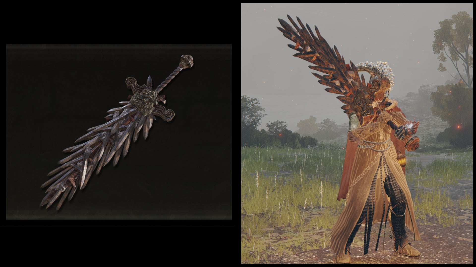 Left: an illustration of the Grafted Blade Greatsword from Elden Ring. Right: the player character holding the same weapon against a Limgrave background. - 9