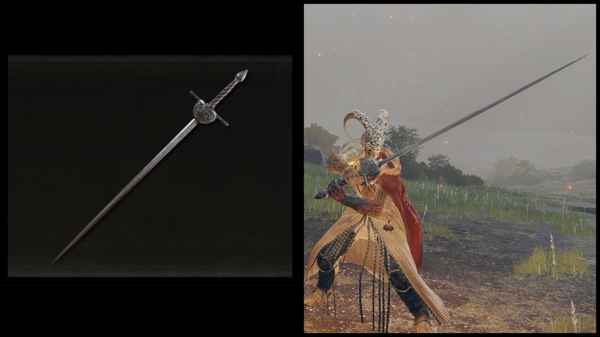 Left: an illustration of the Great Epee from Elden Ring. Right: the player character holding the same weapon against a Limgrave background. - 6