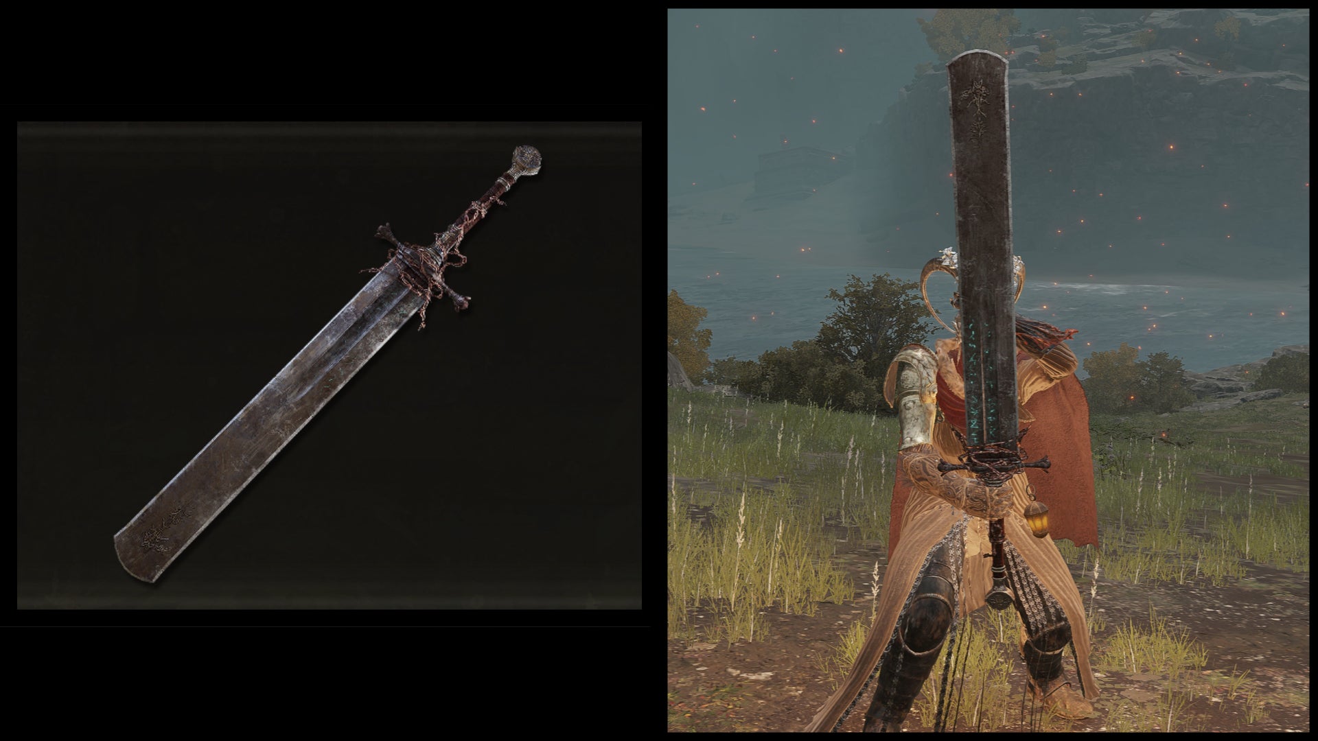 Left: an illustration of the Marais Executioner's Sword from Elden Ring. Right: the player character holding the same weapon against a Limgrave background. - 26