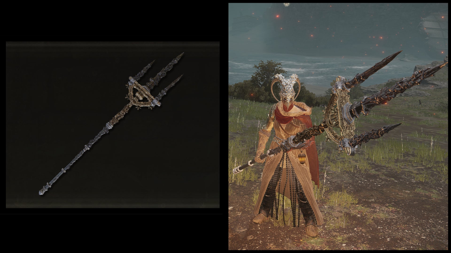 Left: an illustration of Mohgwyn's Sacred Spear from Elden Ring. Right: the player character holding the same weapon against a Limgrave background. - 25
