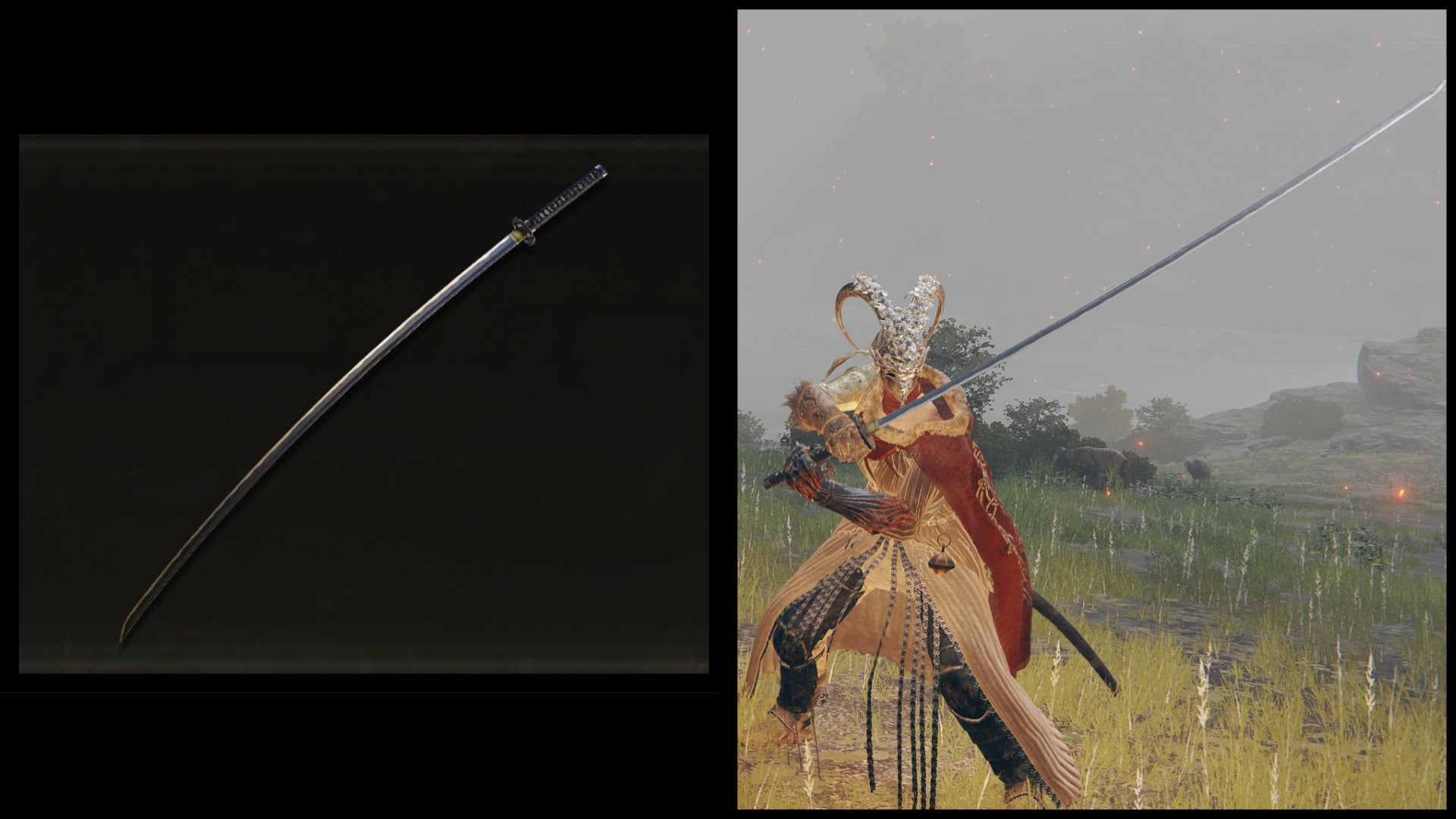 Left: an illustration of the Nagakiba from Elden Ring. Right: the player character holding the same weapon against a Limgrave background. - 14