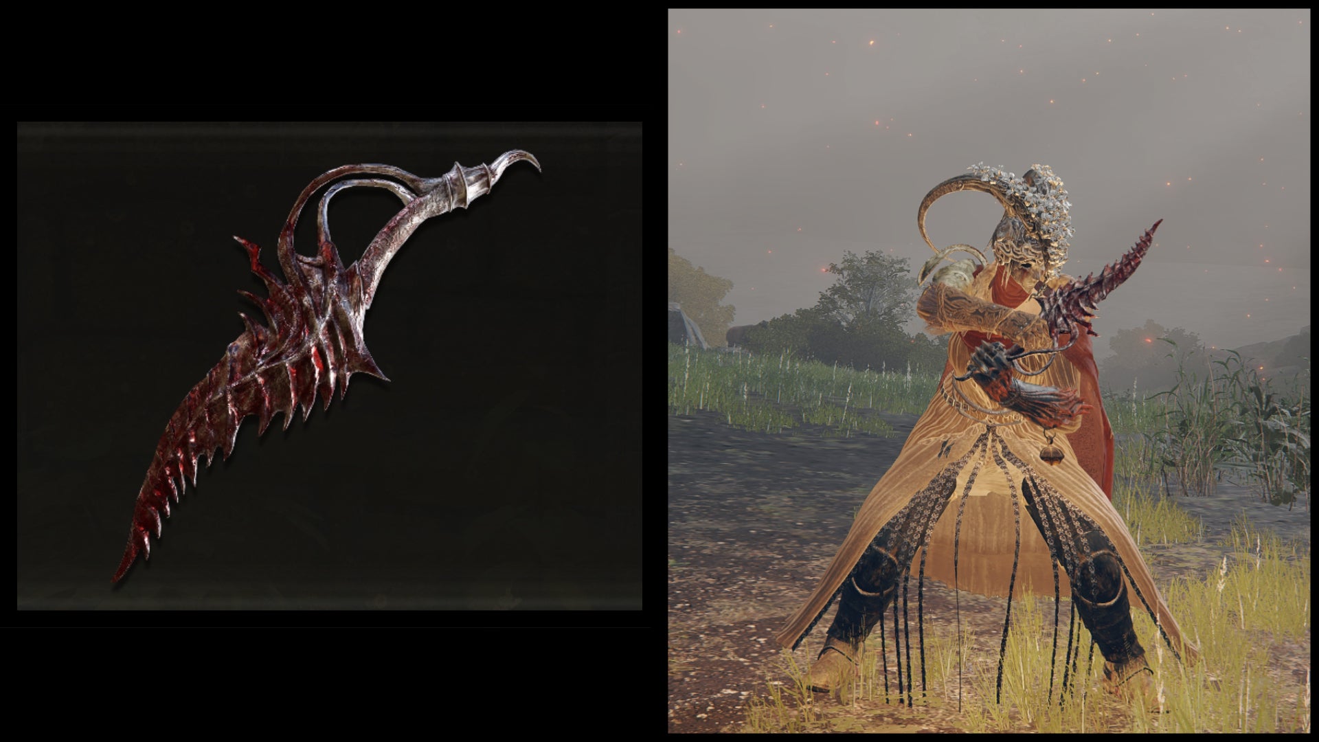 Left: an illustration of Reduvia from Elden Ring. Right: the player character holding the same weapon against a Limgrave background. - 4