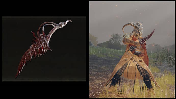 Left: an illustration of Reduvia from Elden Ring. Right: the player character holding the same weapon against a Limgrave background.