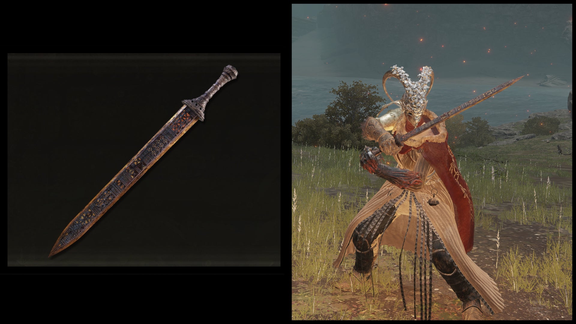 Left: an illustration of the Regalia of Eochaid from Elden Ring. Right: the player character holding the same weapon against a Limgrave background. - 27