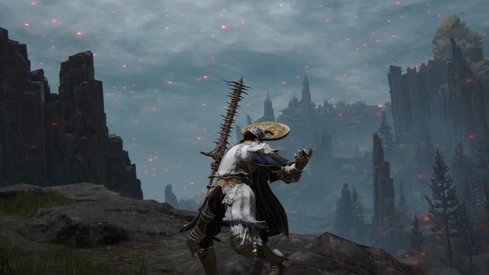 Screenshot of the Tarnished performing the Shriek of Milos Weapon Skill in Elden Ring, on a cliff edge.