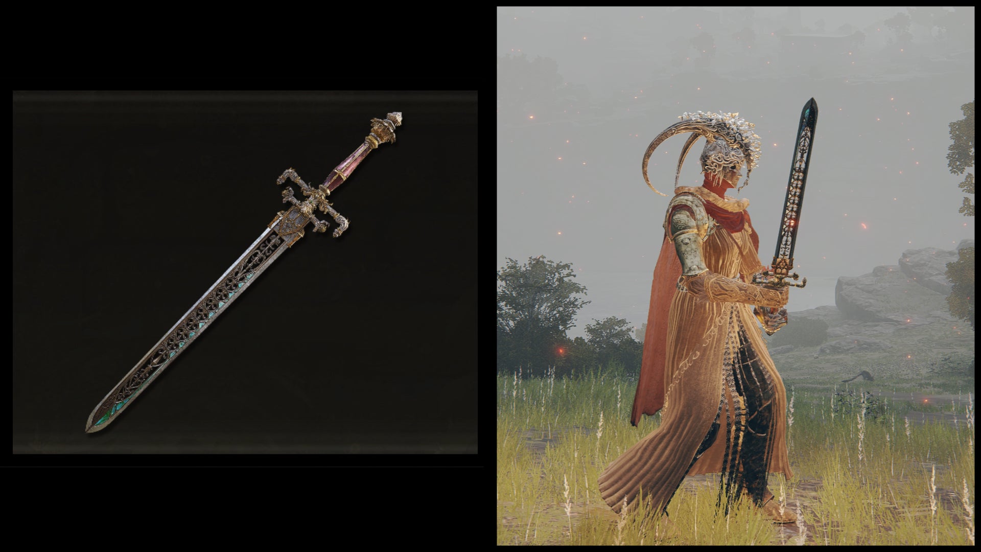 Left: an illustration of the Sword of Night and Flame from Elden Ring. Right: the player character holding the same weapon against a Limgrave background. - 16