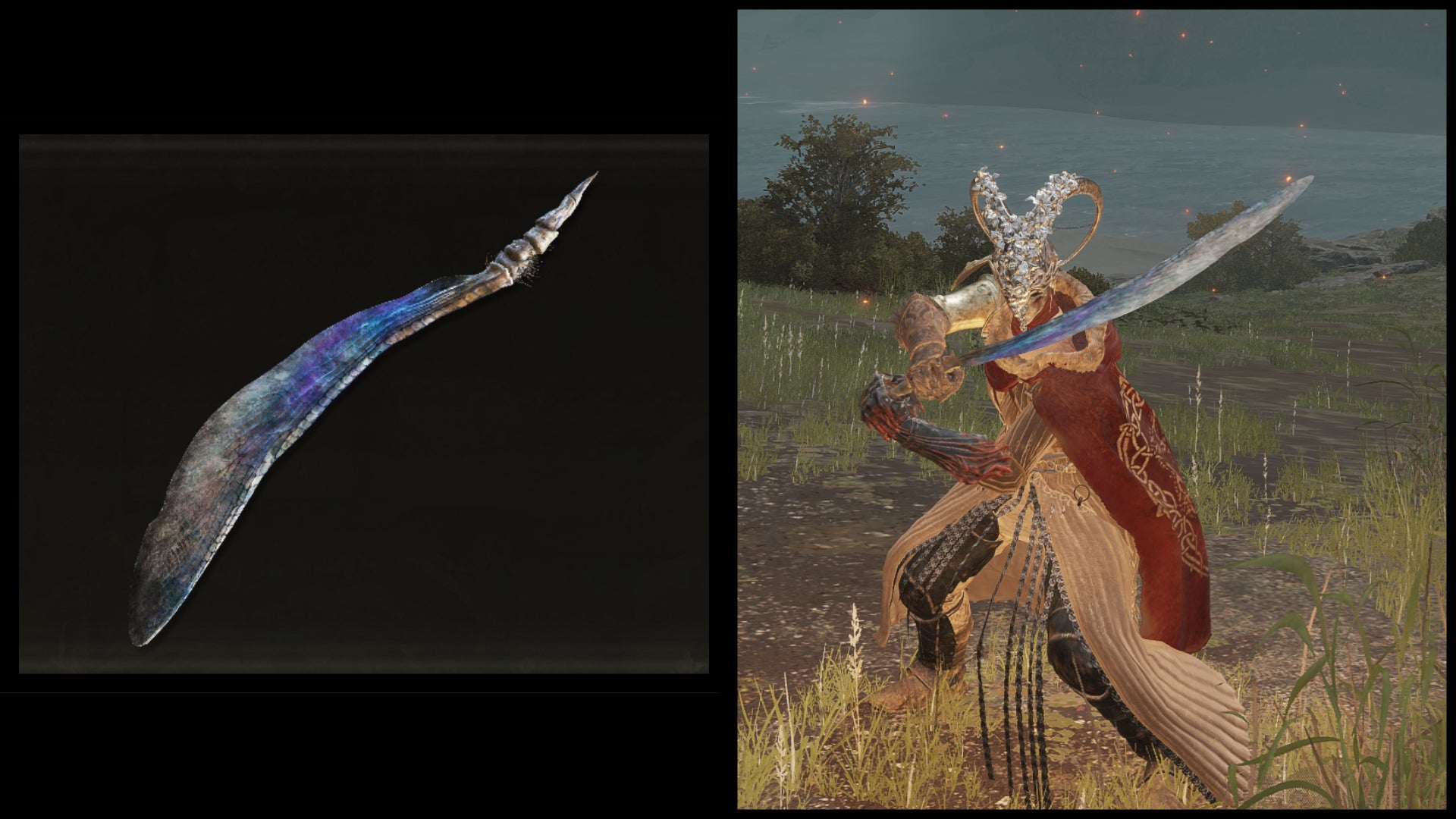 Left: an illustration of the Wing of Astel from Elden Ring. Right: the player character holding the same weapon against a Limgrave background. - 23