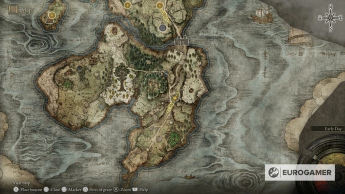 A map of Elden Ring showing the location of the  Weeping Peninsula map fragment.