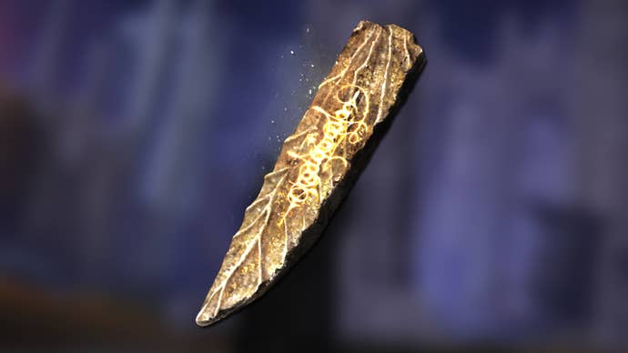 A close-up of the golden Sanctified Whetblade item in Elden Ring, superimposed against a blurred purple forest backdrop.