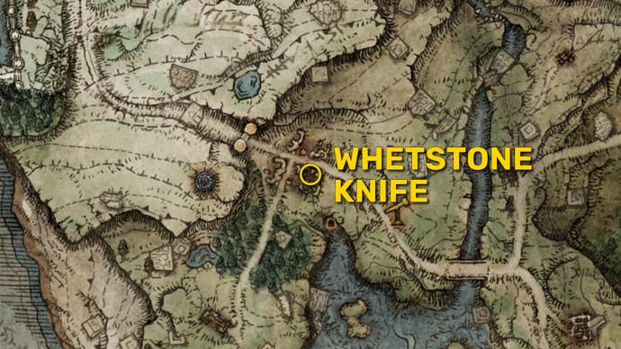 Part of the Elden Ring map, with the location of the Whetstone Knife marked with a yellow circle.