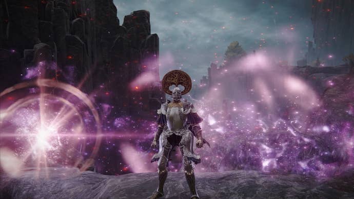 Elden Ring screenshot of the Tarnished atop a cliff, performing the Wing of Astel Weapon Skill.