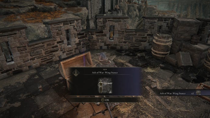 The player in Elden Ring: Shadow Of The Erdtree loots the Wing Stance Ash Of War from a chest on top of a tower.