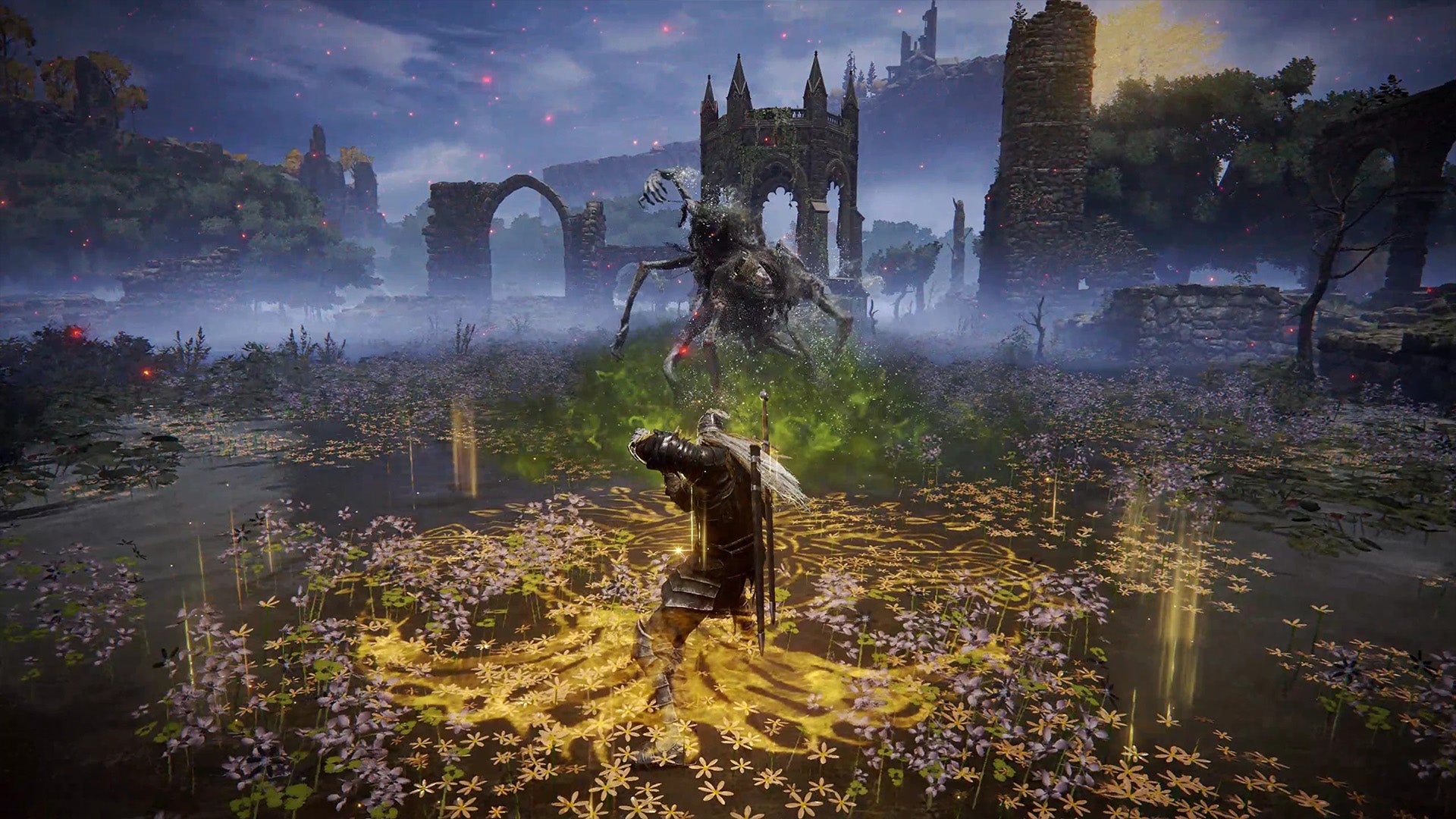 The player character in Elden Ring is stood posed like Geralty from The Witcher ready to fight an enemy. - 1