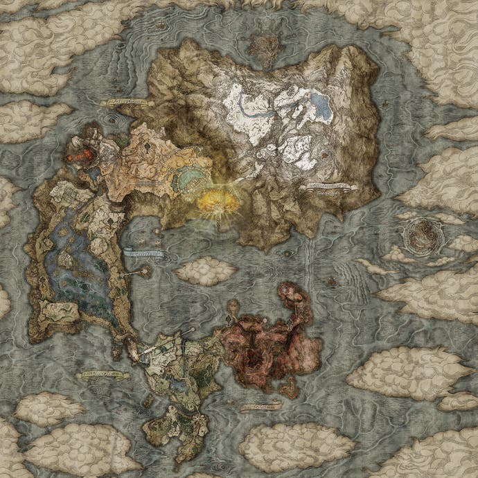 The world map in Elden Ring, all beautiful and quilt like. An island-like continent shaped a bit like a comma, with clouds infringing from the edges.