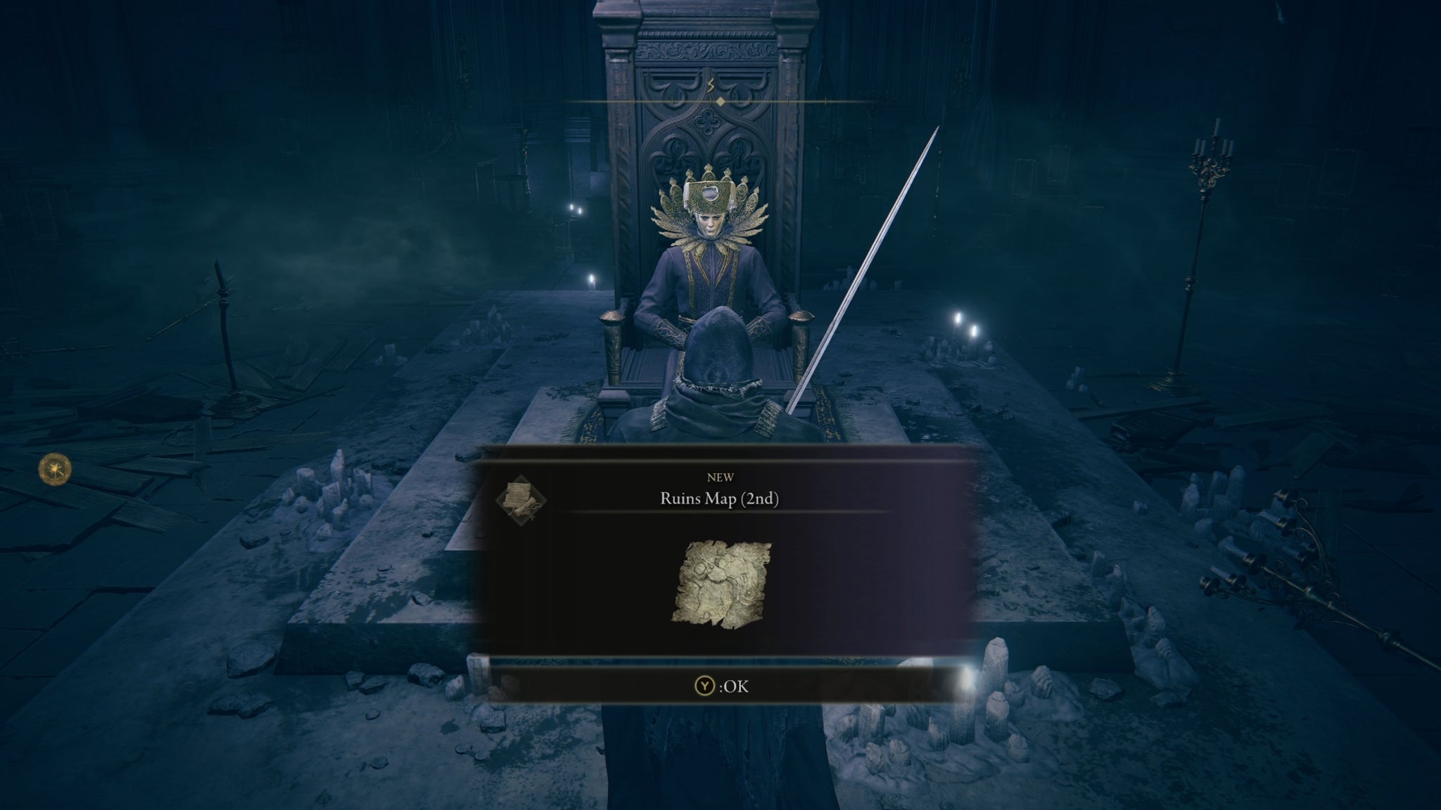 The player in Elden Ring: Shadow Of The Erdtree is given a ruins map by Count Ymir on his throne. - 8