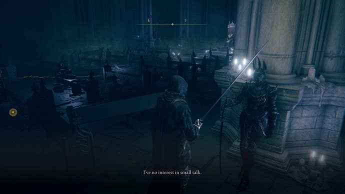 The player in Elden Ring: Shadow Of The Erdtree speaks with Swordhand Of Night Jolan inside Ymir’s throne room.