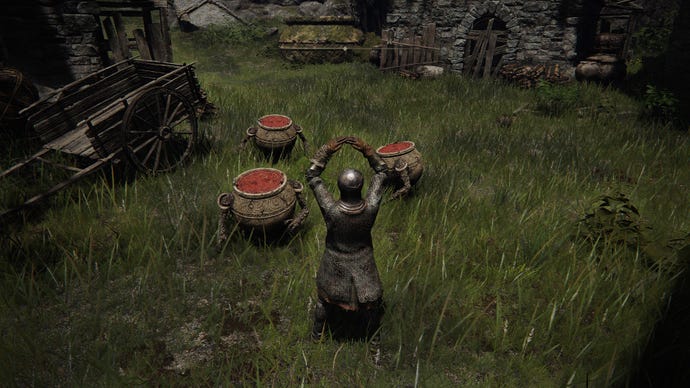 The player character in Elden Ring standing in front of four small pot-boy style pots with little arms